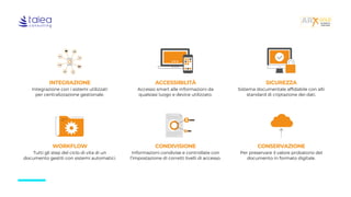 ACCESSIBILITÀ
Accesso smart alle informazioni da
qualsiasi luogo e device utilizzato.
INTEGRAZIONE
Integrazione con i sistemi utilizzati
per centralizzazione gestionale.
SICUREZZA
Sistema documentale affidabile con alti
standard di criptazione dei dati.
CONDIVISIONE
Informazioni condivise e controllate con
l’impostazione di corretti livelli di accesso.
WORKFLOW
Tutti gli step del ciclo di vita di un
documento gestiti con sistemi automatici.
CONSERVAZIONE
Per preservare il valore probatorio del
documento in formato digitale.
 