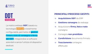 La nostra webapp DDT, basata su
tecnologia ARXivar e totalmente
configurabile, permette di gestire
l’intero ciclo di consegna e firma
dei DDT, integrandosi ai software
aziendali e senza l’utilizzo di dispositivi
dedicati.
PRINCIPALI PROCESSI GESTITI:
→ Acquisizione DDT da ERP
→ Gestione consegna da webapp
→ Acquisizione firma, foto e note
consegna
→ Consegna non presidiata
→ Condivisione documento firmato
→ Tracciamento consegne
effettuate
 