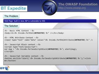 The OWASP Foundation
http://www.owasp.org
The Problem
Web Page built in Java JSP is vulnerable to XSS
The Solution
<%-- Basic HTML Context --%>
<body><b><%= Encode.forHtml(UNTRUSTED) %>" /></b></body>
<%-- HTML Attribute Context --%>
<input type="text" name="data" value="<%= Encode.forHtmlAttribute(UNTRUSTED) %>" />
<%-- Javascript Block context --%>
<script type="text/javascript">
var msg = "<%= Encode.forJavaScriptBlock(UNTRUSTED) %>"; alert(msg);
</script>
<%-- Javascript Variable context --%>
<button onclick="alert('<%= Encode.forJavaScriptAttribute(UNTRUSTED) %>');">click
me</button>
 