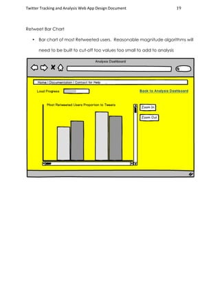 Twitter	Tracking	and	Analysis	Web	App	Design	Document	 19	
	
Retweet Bar Chart
• Bar chart of most Retweeted users. Reason...
