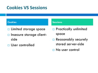 Cookies VS Sessions
 Limited storage space
 Insecure storage client-
side
 User controlled
 Practically unlimited
space
 Reasonably securely
stored server-side
 No user control
Cookies Sessions
 