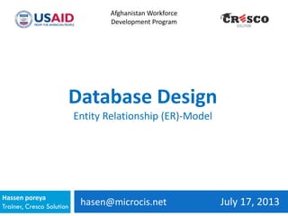 hasen@microcis.net July 17, 2013Hassen poreya
Trainer, Cresco Solution
Afghanistan Workforce
Development Program
Database Design
Entity Relationship (ER)-Model
 