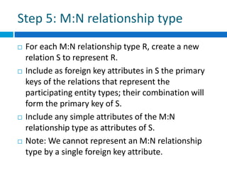 Step 5: M:N relationship type
 For each M:N relationship type R, create a new
relation S to represent R.
 Include as foreign key attributes in S the primary
keys of the relations that represent the
participating entity types; their combination will
form the primary key of S.
 Include any simple attributes of the M:N
relationship type as attributes of S.
 Note: We cannot represent an M:N relationship
type by a single foreign key attribute.
 