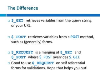 The Difference
 $_GET retrieves variables from the query string,
or your URL.
 $_POST retrieves variables from a POST method,
such as (generally) forms.
 $_REQUEST is a merging of $_GET and
$_POST where $_POST overrides $_GET.
 Good to use $_REQUEST on self referential
forms for validations. Hope that helps you out!
 