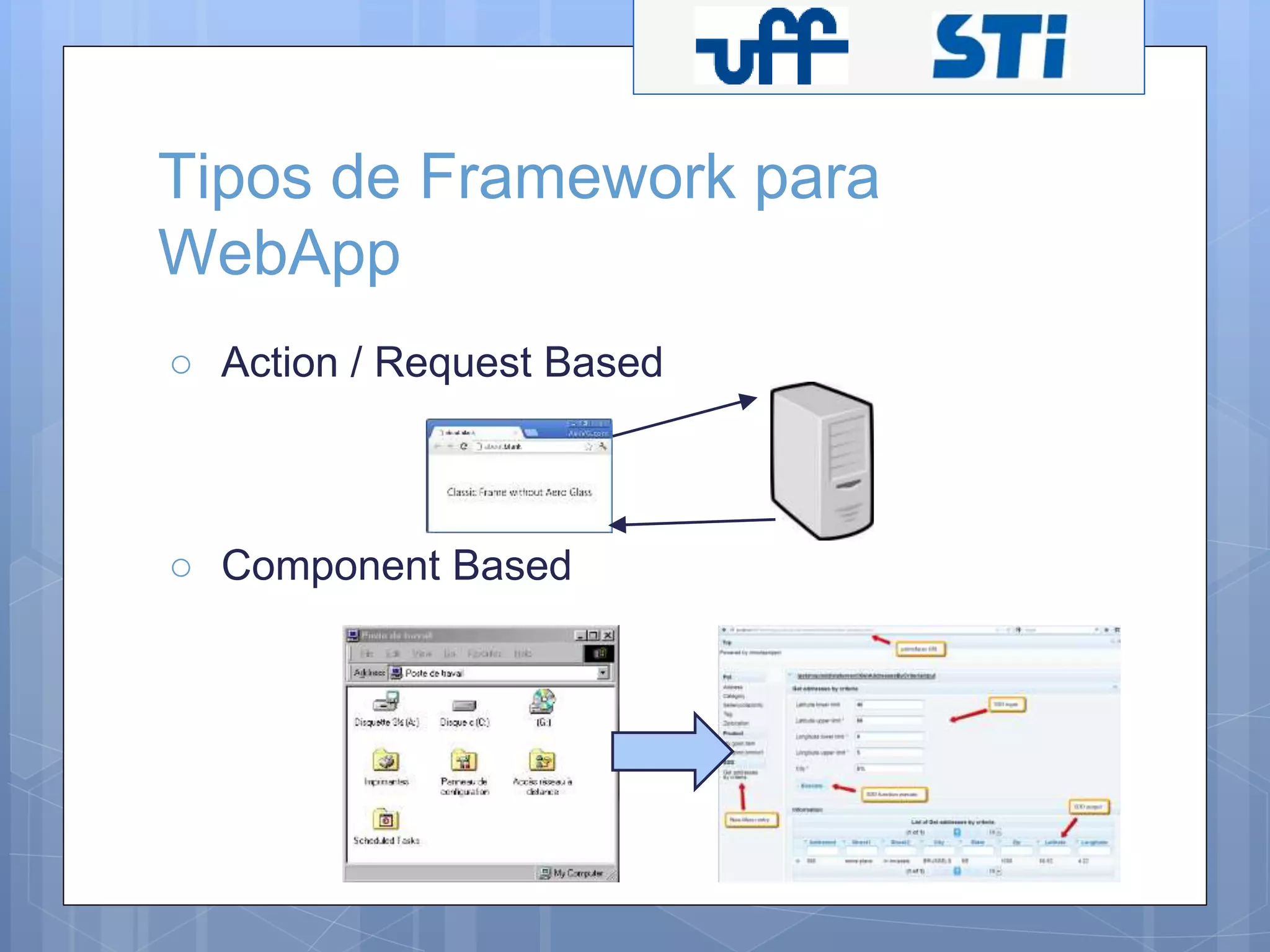 Tipos de Framework para 
WebApp 
○ Action / Request Based 
○ Component Based 
 