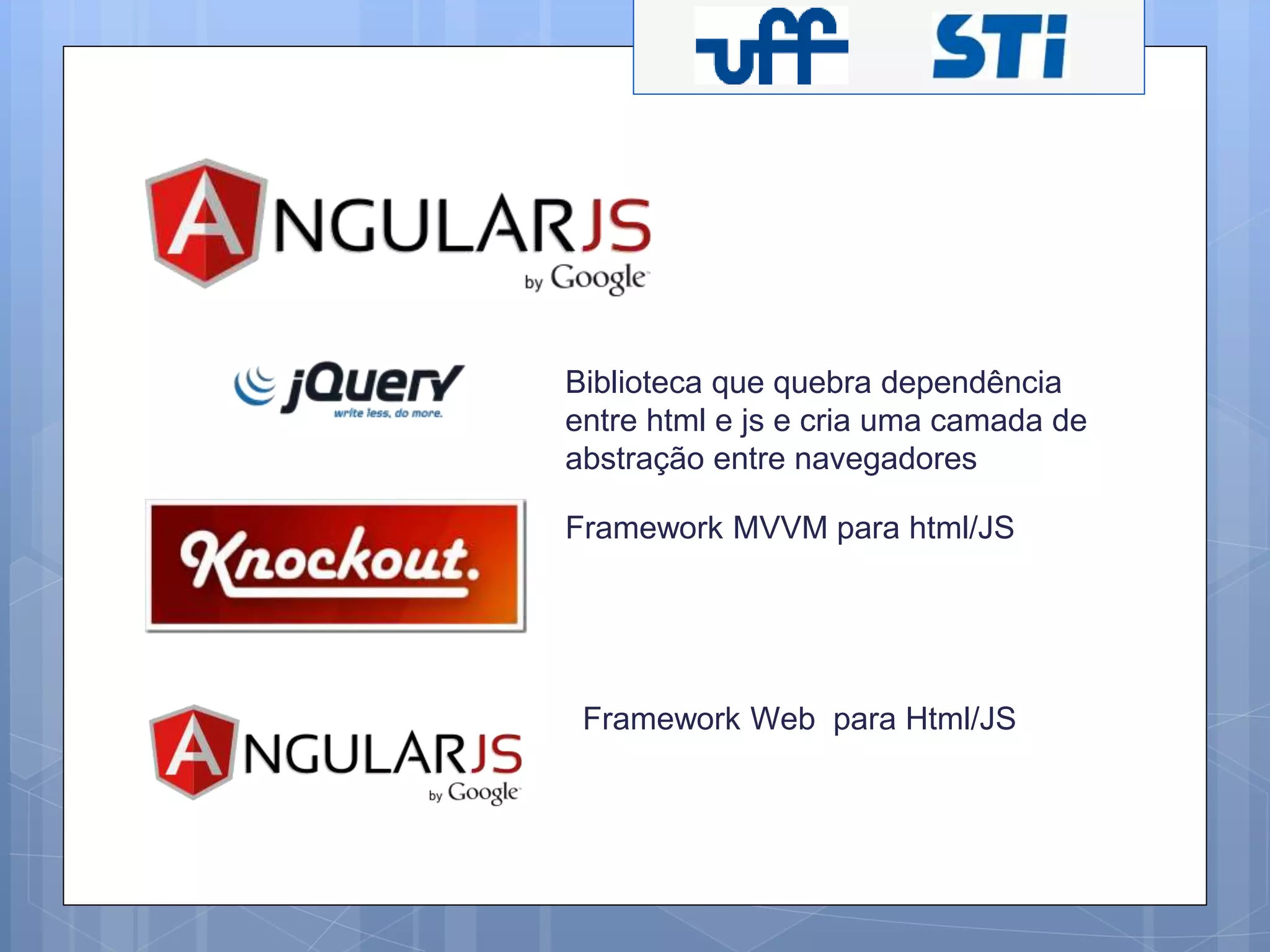 Biblioteca que quebra dependência 
entre html e js e cria uma camada de 
abstração entre navegadores 
Framework MVVM para html/JS 
Framework Web para Html/JS 
 