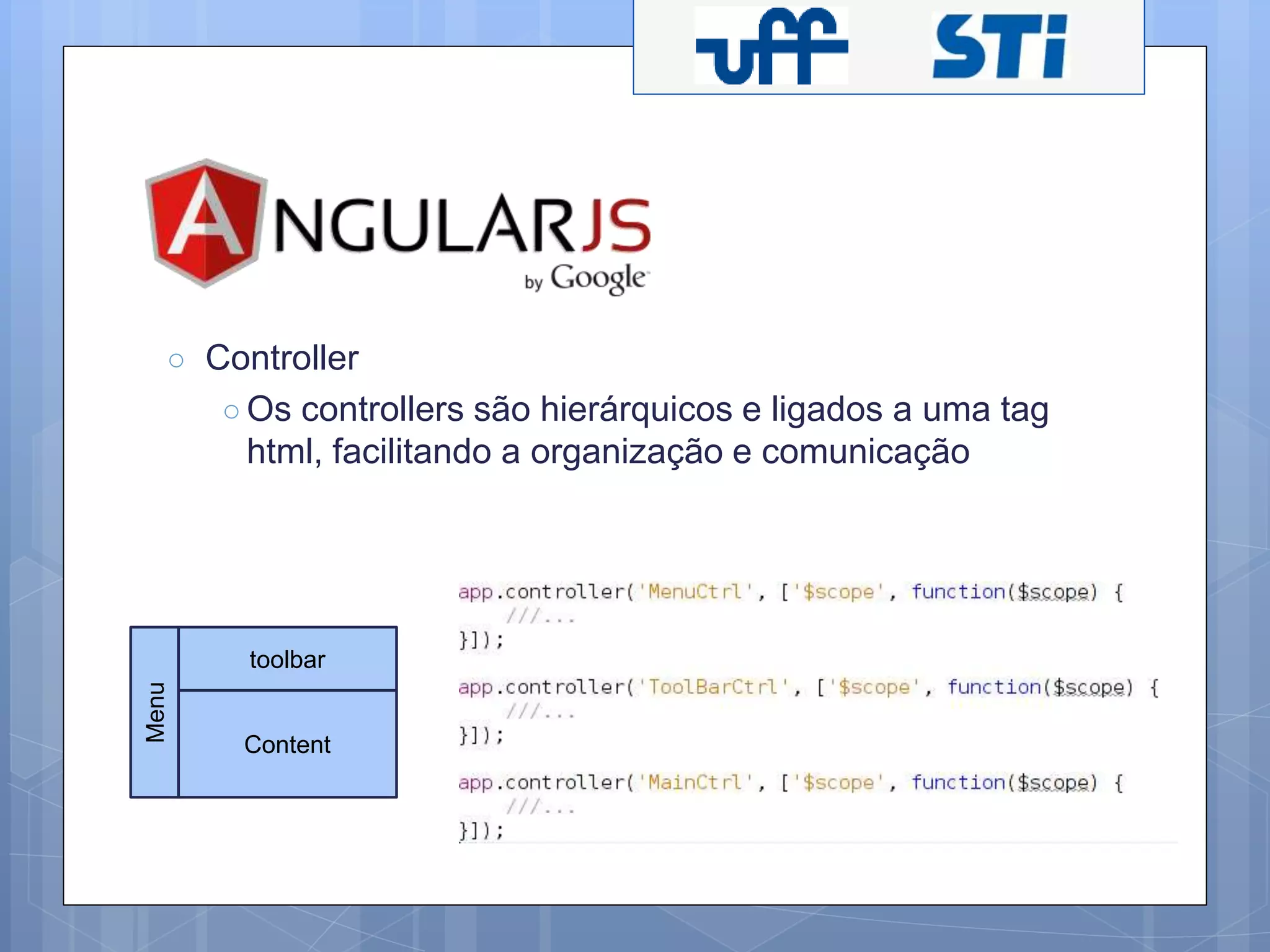○ Controller 
○Os controllers são hierárquicos e ligados a uma tag 
html, facilitando a organização e comunicação 
Menu 
toolbar 
Content 
 
