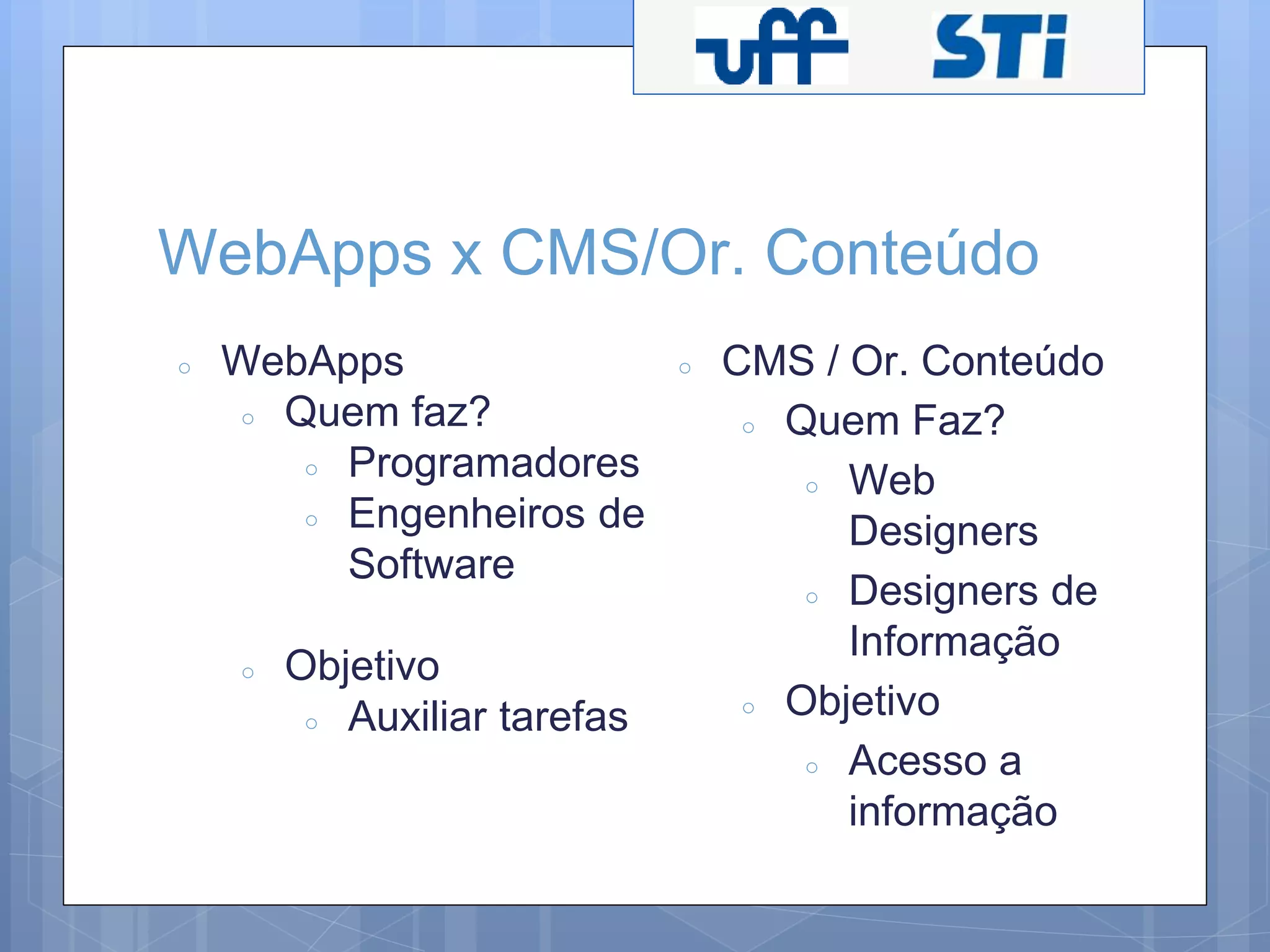 WebApps x CMS/Or. Conteúdo 
○ WebApps 
○ Quem faz? 
○ Programadores 
○ Engenheiros de 
Software 
○ Objetivo 
○ Auxiliar tarefas 
○ CMS / Or. Conteúdo 
○ Quem Faz? 
○ Web 
Designers 
○ Designers de 
Informação 
○ Objetivo 
○ Acesso a 
informação 
