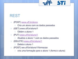 REST 
○ (POST) www.uff.br/aluno 
○ Cria um aluno com os dados passados 
○ (GET) www.uff.br/aluno/1 
○ Obtém o aluno 1 
○ (PUT) www.uff.br/aluno/1 
○ Atualiza o aluno 1 com os dados passados 
○ (DELETE) www.uff.br/aluno/1 
○ Deleta o aluno 1 
○ (POST) ww.uff.br/aluno/1/formacao 
○ cria uma formação para o aluno 1 (forma o aluno) 
 