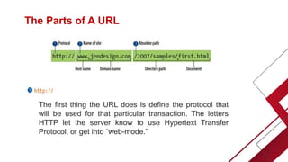 The Parts of A URL
The first thing the URL does is define the protocol that
will be used for that particular transaction. The letters
HTTP let the server know to use Hypertext Transfer
Protocol, or get into “web-mode.”
 