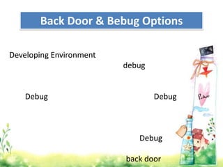 Back Door & Bebug Options

Developing Environment
                         debug


    Debug                        Debug



                            Debug

                         back door
 