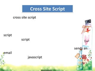 Cross Site Script
         cross site script



script
               script

                                            sends an
email
                   javascript
 