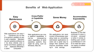 Timeline Style
Insert the title of your subtitle Here
Easy
Maintenance
Cross-Platfor
m Capabilitie
s
Saves Money Accommodates
Expandability
Web applications are easy t
o maintenan you no nee
d to perform updates on eac
h user’s desktop. Maintaini
ng and updating software ca
n be done directly onto a
server and these updates ca
n be deployed efficiently t
o users’ computers.
Web applications are cros
s- platform capabilities it
can be accessed by
users regardless of what
operating systems they
might be using, such as
Windows, Mac etc.
We applications can save
money of Businesses oper
ating costs so connecting
web-based applications to
users are a great way to
assign their systems and
improve processes resulti
ng in cost savings.
Business is one that
continues to grow a
nd stand successf
ul when it comes to
building upon existin
g architecture in ord
er to meet the resou
rce needs of softwar
e applications.
Benefits of Web Application
 