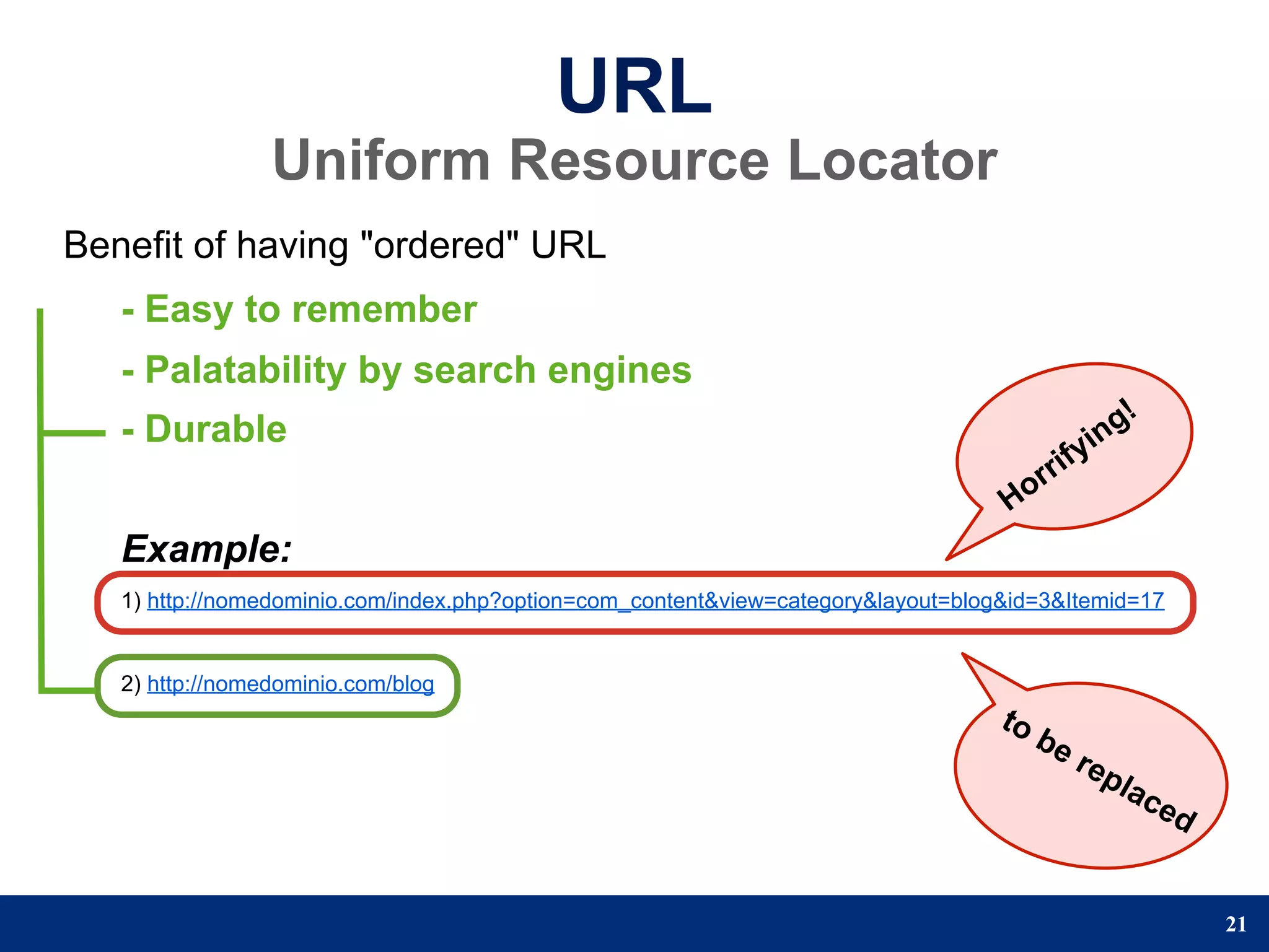 URL
                 Uniform Resource Locator
Benefit of having "ordered" URL
   - Easy to remember
   - Palatability by search engines
   - Durable                                                                                      n g!
                                                                                              yi
                                                                                        r rif
                                                                                   Ho
   Example:
   1) http://nomedominio.com/index.php?option=com_content&view=category&layout=blog&id=3&Itemid=17


   2) http://nomedominio.com/blog
                                                                                   to
                                                                                        be
                                                                                             rep
                                                                                                   lac
                                                                                                         ed


                                                                                                              21
 
