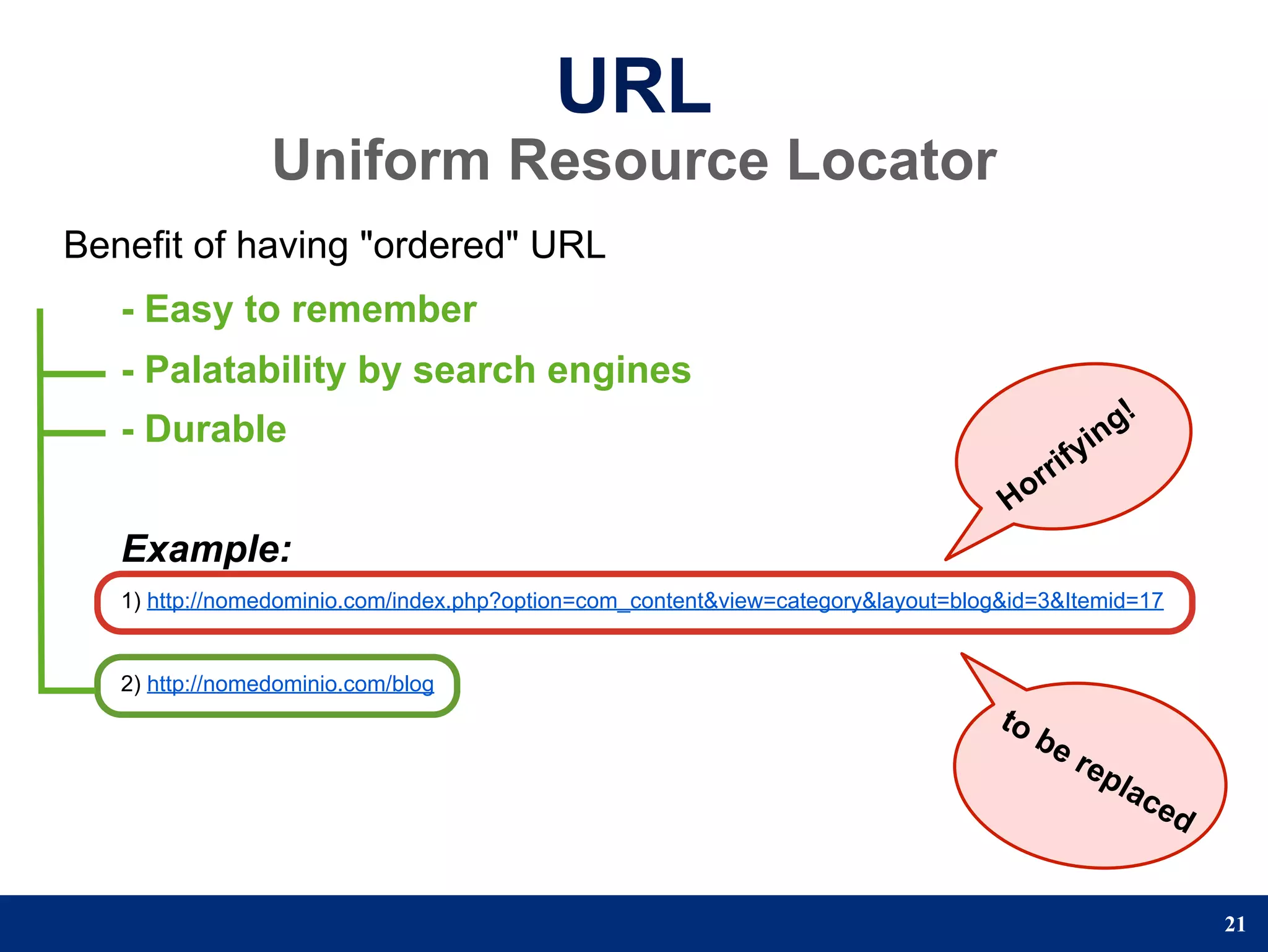 URL
                 Uniform Resource Locator
Benefit of having "ordered" URL
   - Easy to remember
   - Palatability by search engines
   - Durable                                                                                      n g!
                                                                                              yi
                                                                                        r rif
                                                                                   Ho
   Example:
   1) http://nomedominio.com/index.php?option=com_content&view=category&layout=blog&id=3&Itemid=17


   2) http://nomedominio.com/blog
                                                                                   to
                                                                                        be
                                                                                             rep
                                                                                                   lac
                                                                                                         ed


                                                                                                              21
 