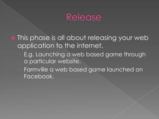 

This phase is all about releasing your web
application to the internet.
› E.g. Launching a web based game through

a particular website.
› Farmville a web based game launched on
Facebook.

 
