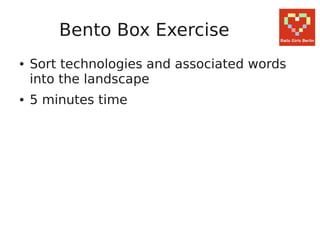 Bento Box Exercise
● jQuery
● Django
● Unicorn
● PHP
● Python
● XML
● Java
● MongoDB
 