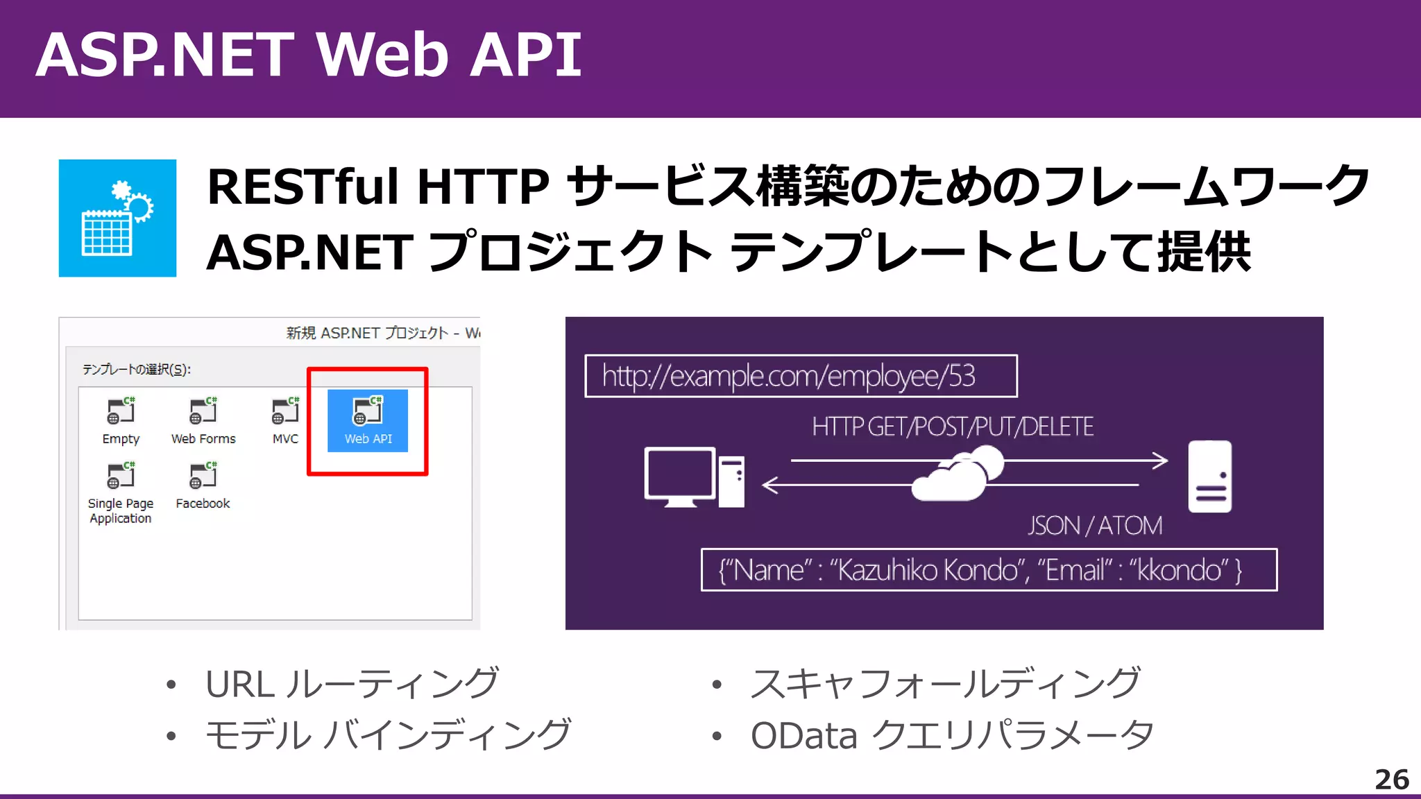 RESTful HTTP サービス構築のためのフレームワーク
ASP.NET プロジェクト テンプレートとして提供

• URL ルーティング
• モデル バインディング

• スキャフォールディング
• OData クエリパラメータ
26

 