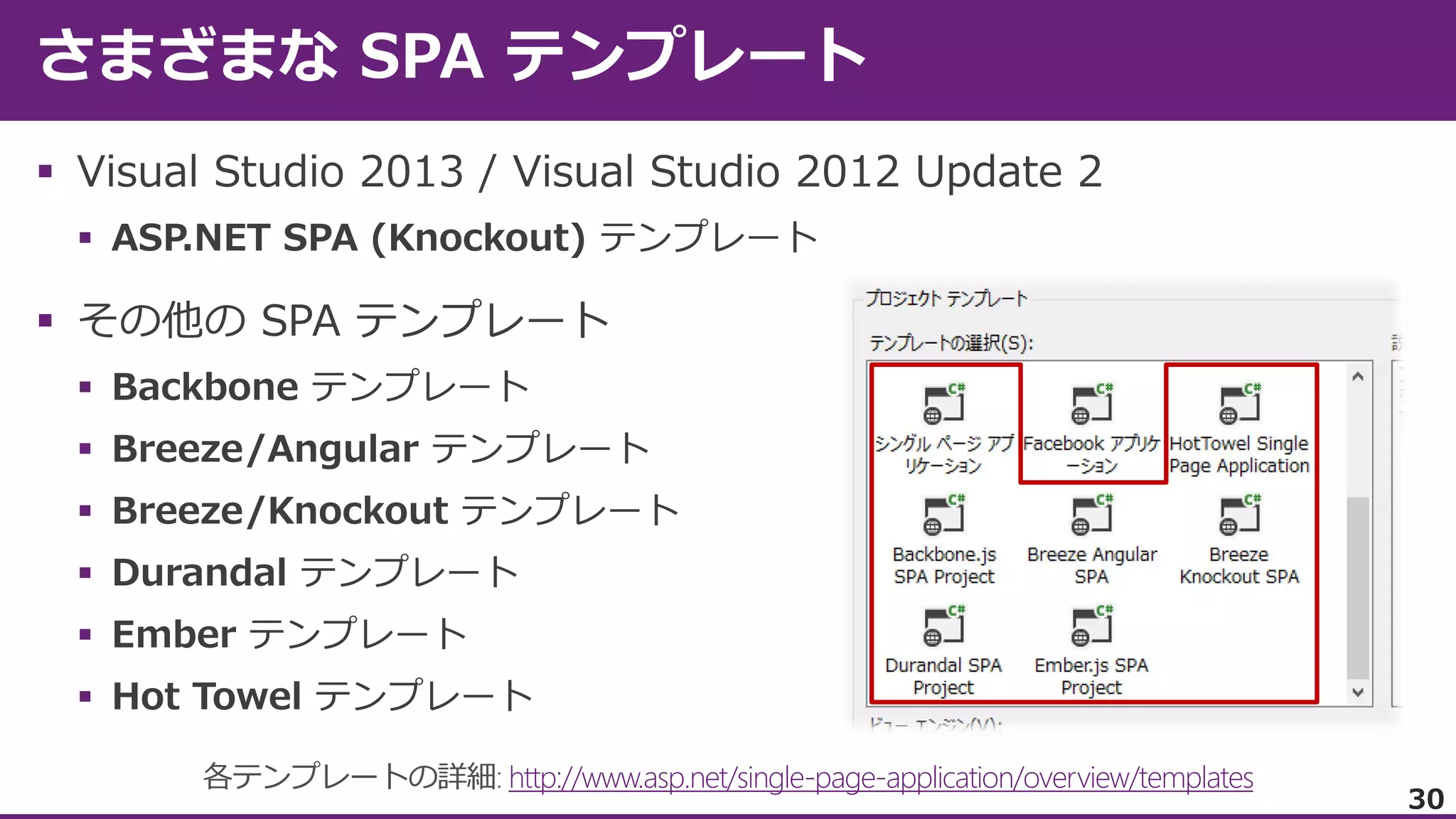 










各テンプレートの詳細: http://www.asp.net/single-page-application/overview/templates

30

 