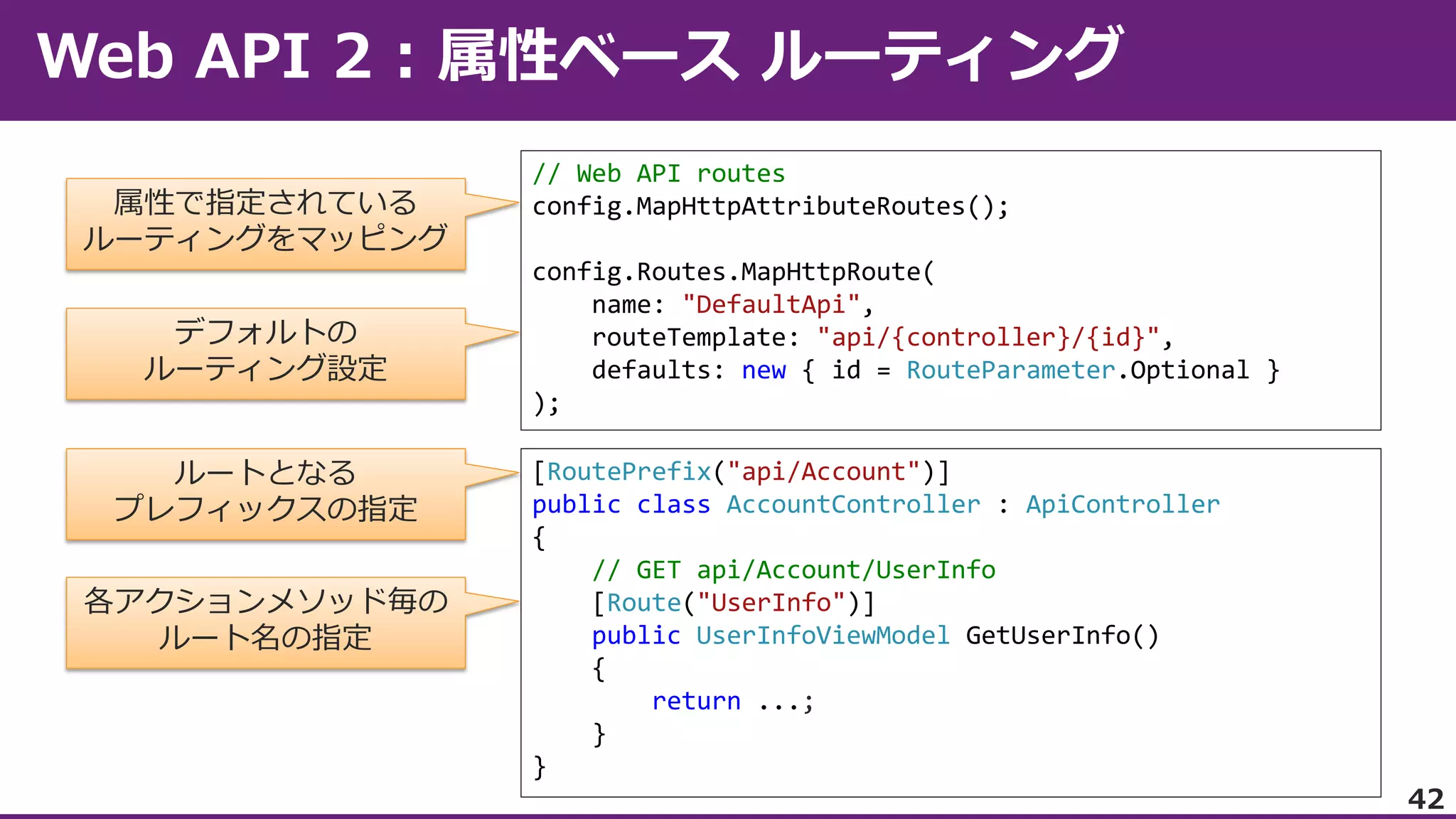 属性で指定されている
ルーティングをマッピング
デフォルトの
ルーティング設定
ルートとなる
プレフィックスの指定
各アクションメソッド毎の
ルート名の指定

// Web API routes
config.MapHttpAttributeRoutes();
config.Routes.MapHttpRoute(
name: "DefaultApi",
routeTemplate: "api/{controller}/{id}",
defaults: new { id = RouteParameter.Optional }
);
[RoutePrefix("api/Account")]
public class AccountController : ApiController
{
// GET api/Account/UserInfo
[Route("UserInfo")]
public UserInfoViewModel GetUserInfo()
{
return ...;
}
}

42

 