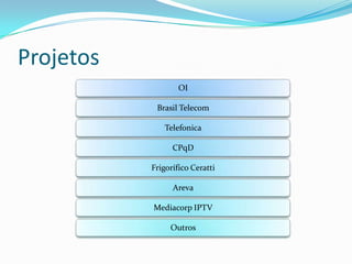 Projetos
                   OI

            Brasil Telecom

              Telefonica

                 CPqD

           Frigorífico Ceratti

                 Areva

           Mediacorp IPTV

                Outros
 