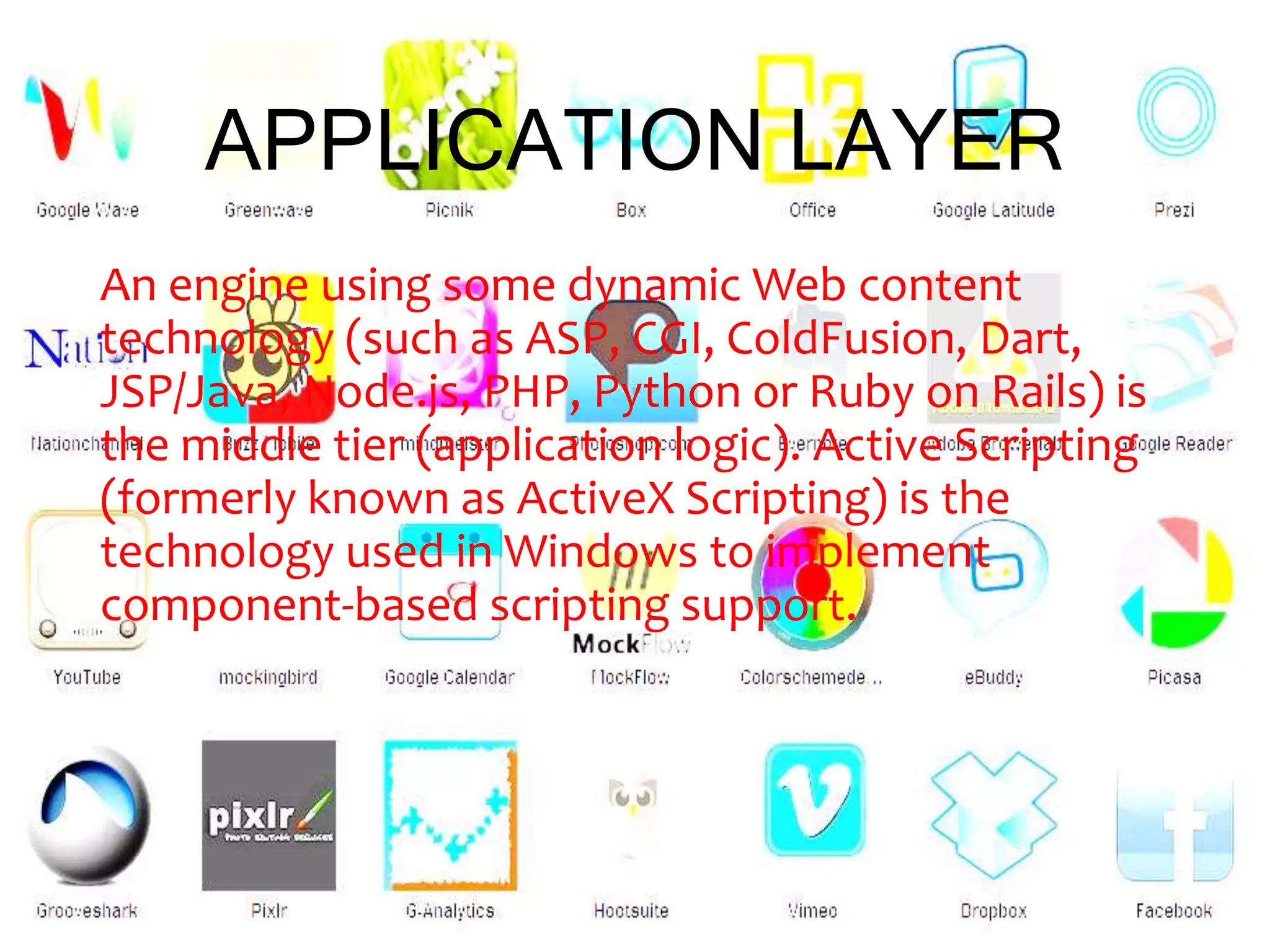 APPLICATION LAYER
An engine using some dynamic Web content
technology (such as ASP, CGI, ColdFusion, Dart,
JSP/Java, Node.js, PHP, Python or Ruby on Rails) is
the middle tier (application logic). Active Scripting
(formerly known as ActiveX Scripting) is the
technology used in Windows to implement
component-based scripting support.
 