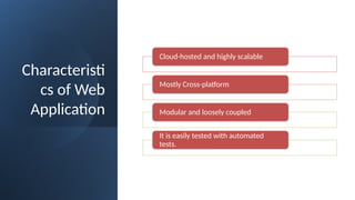 Characteristi
cs of Web
Application
Cloud-hosted and highly scalable
Mostly Cross-platform
Modular and loosely coupled
It is easily tested with automated
tests.
 