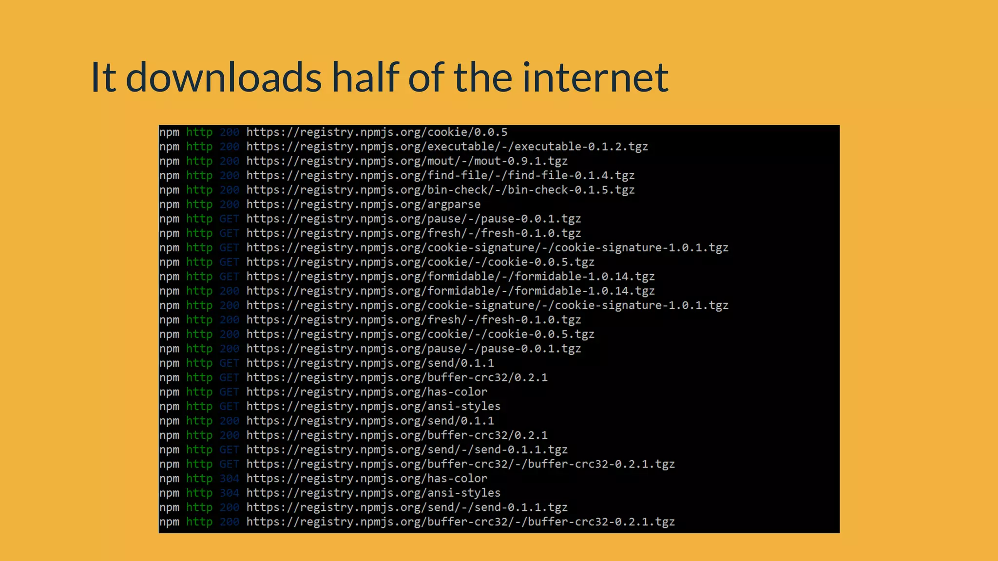 It downloads half of the internet
 
