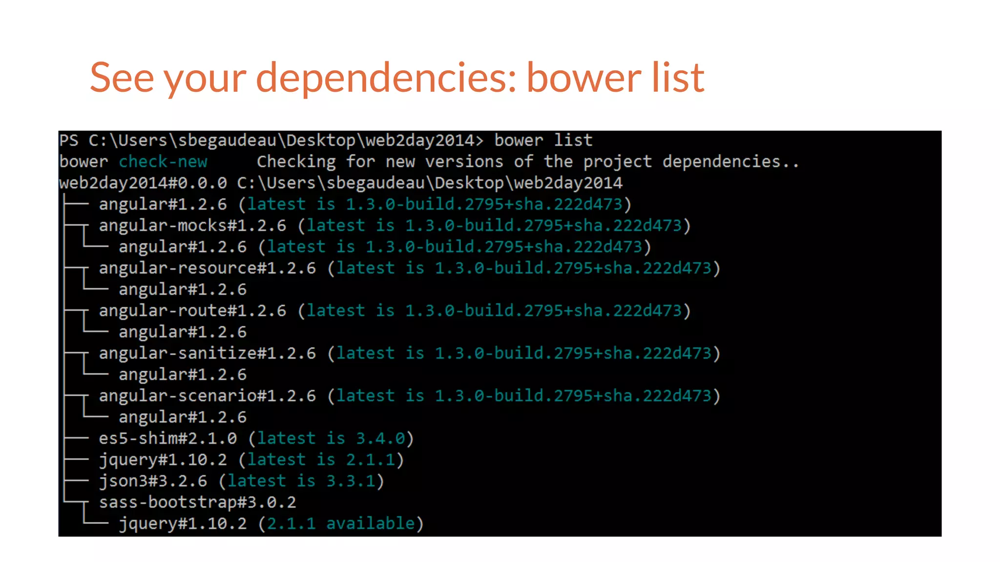 See your dependencies: bower list
 