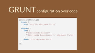GRUNTconfiguration over code
grunt.initConfig({
lint: {
src: 'src/<%= pkg.name %>.js'
},
concat: {
src: [
'<banner:meta.banner>' ,
'<file_strip_banner:src/<%= pkg.name %>.js>'
],
dest: '<%= pkg.name %>.js'
}
});
 