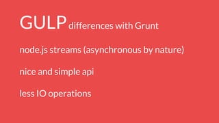 GULPdifferences with Grunt
node.js streams (asynchronous by nature)
nice and simple api
less IO operations
 