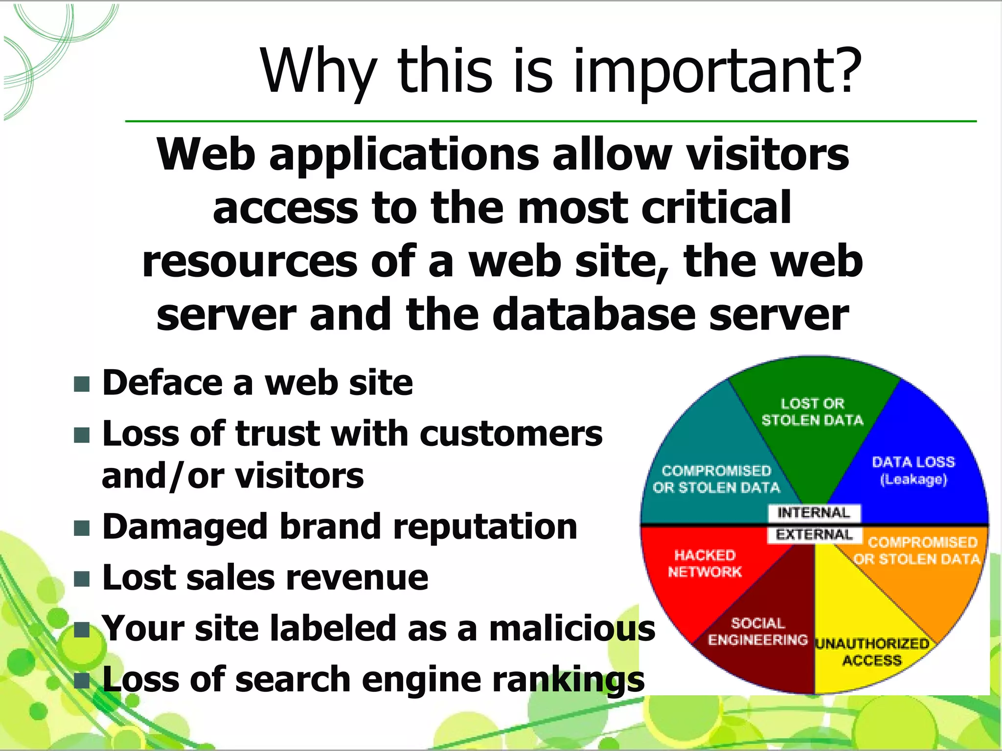 Why this is important?
     Web applications allow visitors
       access to the most critical
    resources of a web site, the web
     server and the database server
 Deface a web site
 Loss of trust with customers
  and/or visitors
 Damaged brand reputation
 Lost sales revenue
 Your site labeled as a malicious
 Loss of search engine rankings
 