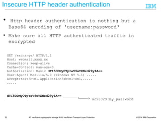 © 2014 IBM Corporation22 A7 Insuficient cryptographic storage & A9: Insufficient Transport Layer Protection
Insecure HTTP header authentication
● Http header authentication is nothing but a
Base64 encoding of 'username:password‗
● Make sure all HTTP authenticated traffic is
encrypted
GET /exchange/ HTTP/1.1
Host: webmail.xxxx.xx
Connection: keep-alive
Cache-Control: max-age=0
Authorization: Basic dTI5ODMyOTpteV9wYXNzd29yZA==
User-Agent: Mozilla/5.0 (Windows NT 5.1) .....
Accept:text/html,application/xhtml+xml,.....
.....
dTI5ODMyOTpteV9wYXNzd29yZA==
u298329:my_password
 