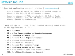 © 2014 IBM Corporation6
● Open web application security project ( www.owasp.org)
● not-for-profit worldwide charitable organization focused on
improving the security of application software.
● Users and adopters of APIs and standards: US Federal Trade
Commision,Citibank, PwC, HP, IBM Global Services, US Bureau of
Alcohol Tobacco and Firearms,etc.
● OWASP Top Ten 2013 ( the 10 most common security flaws found
in web applications in 2013 ):
● A1 : Injection
● A2 : Broken Authentication and Session Management
● A3 : Cross-Site Scripting (XSS)
● A4 : Insecure Direct Object References
● A5 : Security Misconfiguration
● A6 : Sensitive Data Exposure
● A7 : Insecure Cryptographic Storage
● A8 : Cross-Site Request Forgery (CSRF)
● A9 : Using component with known vulnerabilities
● A10: Un-validated Redirects and Forwards
OWASP Top Ten
 