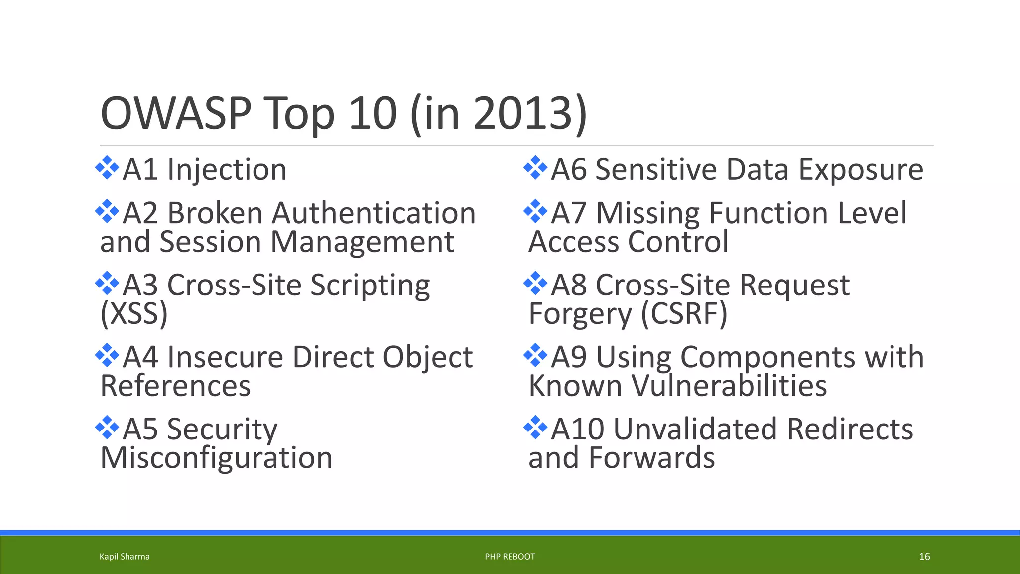 OWASP Top 10 (in 2013)
A1 Injection
A2 Broken Authentication
and Session Management
A3 Cross-Site Scripting
(XSS)
A4 Insecure Direct Object
References
A5 Security
Misconfiguration
A6 Sensitive Data Exposure
A7 Missing Function Level
Access Control
A8 Cross-Site Request
Forgery (CSRF)
A9 Using Components with
Known Vulnerabilities
A10 Unvalidated Redirects
and Forwards
Kapil Sharma PHP REBOOT 16
 