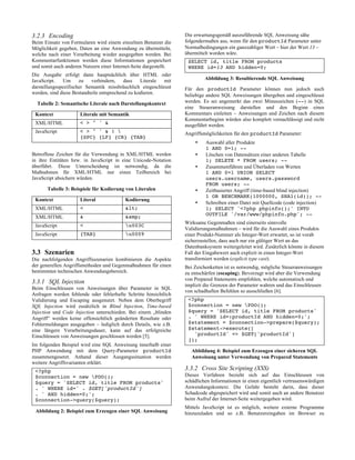 3.2.3 Encoding
Beim Einsatz von Formularen wird einem einzelnen Benutzer die
Möglichkeit gegeben, Daten an eine Anwendung zu übermitteln,
welche nach einer Verarbeitung wieder ausgegeben werden. Bei
Kommentarfunktionen werden diese Informationen gespeichert
und somit auch anderen Nutzern einer Internet-Seite dargestellt.
Die Ausgabe erfolgt dann hauptsächlich über HTML oder
JavaScript. Um zu verhindern, dass Literale mit
darstellungsspezifischer Semantik missbräuchlich eingeschleust
werden, sind diese Bestandteile entsprechend zu kodieren.
Tabelle 2: Semantische Literale nach Darstellungskontext
Kontext Literale mit Semantik
XML/HTML < > " ' &
JavaScript < > " ' & ! 
{SPC} {LF} {CR} {TAB}
Betroffene Zeichen für die Verwendung in XML/HTML werden
in ihre Entitäten bzw. in JavaScript in eine Unicode-Notation
überführt. Diese Unterscheidung ist notwendig, da die
Maßnahmen für XML/HTML nur einen Teilbereich bei
JavaScript absichern würden.
Tabelle 3: Beispiele für Kodierung von Literalen
Kontext Literal Kodierung
XML/HTML < <
XML/HTML & &amp;
JavaScript < u003C
JavaScript {TAB} u0009
3.3 Szenarien
Die nachfolgenden Angriffsszenarien kombinieren die Aspekte
der generellen Angriffsmethoden und Gegenmaßnahmen für einen
bestimmten technischen Anwendungsbereich.
3.3.1 SQL Injection
Beim Einschleusen von Anweisungen über Parameter in SQL
Anfragen werden fehlende oder fehlerhafte Schritte hinsichtlich
Validierung und Escaping ausgenutzt. Neben dem Oberbegriff
SQL Injection wird zusätzlich in Blind Injection, Time-based
Injection und Code Injection unterschieden. Bei einem „blinden
Angriff“ werden keine offensichtlich geänderten Resultate oder
Fehlermeldungen ausgegeben – lediglich durch Details, wie z.B.
eine längere Verarbeitungsdauer, kann auf das erfolgreiche
Einschleusen von Anweisungen geschlossen werden [5].
Im folgenden Beispiel wird eine SQL Anweisung innerhalb einer
PHP Anwendung mit dem Query-Parameter productId
zusammengesetzt. Anhand dieser Ausgangssituation werden
weitere Angriffsvarianten erklärt.
<?php
$connection = new PDO();
$query = 'SELECT id, title FROM products'
. ' WHERE id=' . $GET['productId']
. ' AND hidden=0;';
$connection->query($query);
Abbildung 2: Beispiel zum Erzeugen einer SQL Anweisung
Die erwartungsgemäß auszuführende SQL Anweisung sähe
folgendermaßen aus, wenn für den productId Parameter unter
Normalbedingungen ein ganzzahliger Wert – hier der Wert 13 –
übermittelt worden wäre.
SELECT id, title FROM products
WHERE id=13 AND hidden=0;
Abbildung 3: Resultierende SQL Anweisung
Für den productId Parameter können nun jedoch auch
beliebige andere SQL Anweisungen übergeben und eingeschleust
werden. Es sei angemerkt das zwei Minuszeichen (--) in SQL
eine Steueranweisung darstellen und den Beginn eines
Kommentars einleiten – Anweisungen und Zeichen nach diesem
Kommentarbeginn würden also komplett vernachlässigt und nicht
ausgeführt werden.
Angriffsmöglichkeiten für den productId Parameter:
• Auswahl aller Produkte
1 AND 0=1; --
• Löschen von Datensätzen einer anderen Tabelle
1; DELETE * FROM users; --
• Zusammenführen und Überladen von Werten
1 AND 0=1 UNION SELECT
users.username, users.password
FROM users; --
• Zeitbasierter Angriff (time-based blind injection)
1 OR BENCHMARK(1000000, SHA1(id)); --
• Schreiben einer Datei mit Quellcode (code injection)
1; SELECT '<?php phpinfo();' INTO
OUTFILE '/var/www/phpinfo.php'; --
Wirksame Gegenmaßen sind einerseits sinnvolle
Validierungsmaßnahmen – wird für die Auswahl eines Produkts
einer Produkt-Nummer als Integer-Wert erwartet, so ist vorab
sicherzustellen, dass auch nur ein gültiger Wert an das
Datenbanksystem weitergeleitet wird. Zusätzlich könnte in diesem
Fall der Eingabewert auch explizit in einen Integer-Wert
transformiert werden (explicit type cast).
Bei Zeichenketten ist es notwendig, mögliche Steueranweisungen
zu entschärfen (escaping). Bevorzugt wird aber die Verwendung
von Prepared Statements empfohlen, welche automatisch und
implizit die Grenzen der Parameter wahren und das Einschleusen
von schadhaften Befehlen so ausschließen [6].
<?php
$connection = new PDO();
$query = 'SELECT id, title FROM products'
. ' WHERE id=:productId AND hidden=0;';
$statement = $connection->prepare($query);
$statement->execute([
'productId' => $GET['productId']
]);
Abbildung 4: Beispiel zum Erzeugen einer sicheren SQL
Anweisung unter Verwendung von Prepared Statements
3.3.2 Cross Site Scripting (XSS)
Dieses Verfahren bezieht sich auf das Einschleusen von
schädlichen Informationen in einen eigentlich vertrauenswürdigen
Anwendungskontext. Die Gefahr besteht darin, dass dieser
Schadcode abgespeichert wird und somit auch an andere Benutzer
beim Aufruf der Internet-Seite weitergegeben wird.
Mittels JavaScript ist es möglich, weitere externe Programme
hinzuzuladen und so z.B. Benutzereingaben im Browser zu
 