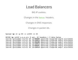 Load Balancers
BIG IP cookies.
Changes in the Date:headers.
Changes in DNS responses.
Changes in packet ids.
hping2 ip -S -p 80 -i u1000 -c 30
HPING ip (eth0 x.x.x.x): S set, 40 headers + 0 data bytes
len=46 ip=hidden ttl=51 DF id=58489 sport=80 flags=SA seq=0 win=24656 rtt=2
len=46 ip=hidden ttl=51 DF id=16912 sport=80 flags=SA seq=2 win=24656 rtt=2
len=46 ip=hidden ttl=51 DF id=58490 sport=80 flags=SA seq=3 win=24656 rtt=1
len=46 ip=hidden ttl=51 DF id=16913 sport=80 flags=SA seq=4 win=24656 rtt=1
len=46 ip=hidden ttl=51 DF id=58491 sport=80 flags=SA seq=5 win=24656 rtt=2
len=46 ip=hidden ttl=51 DF id=16914 sport=80 flags=SA seq=7 win=24656 rtt=1
 