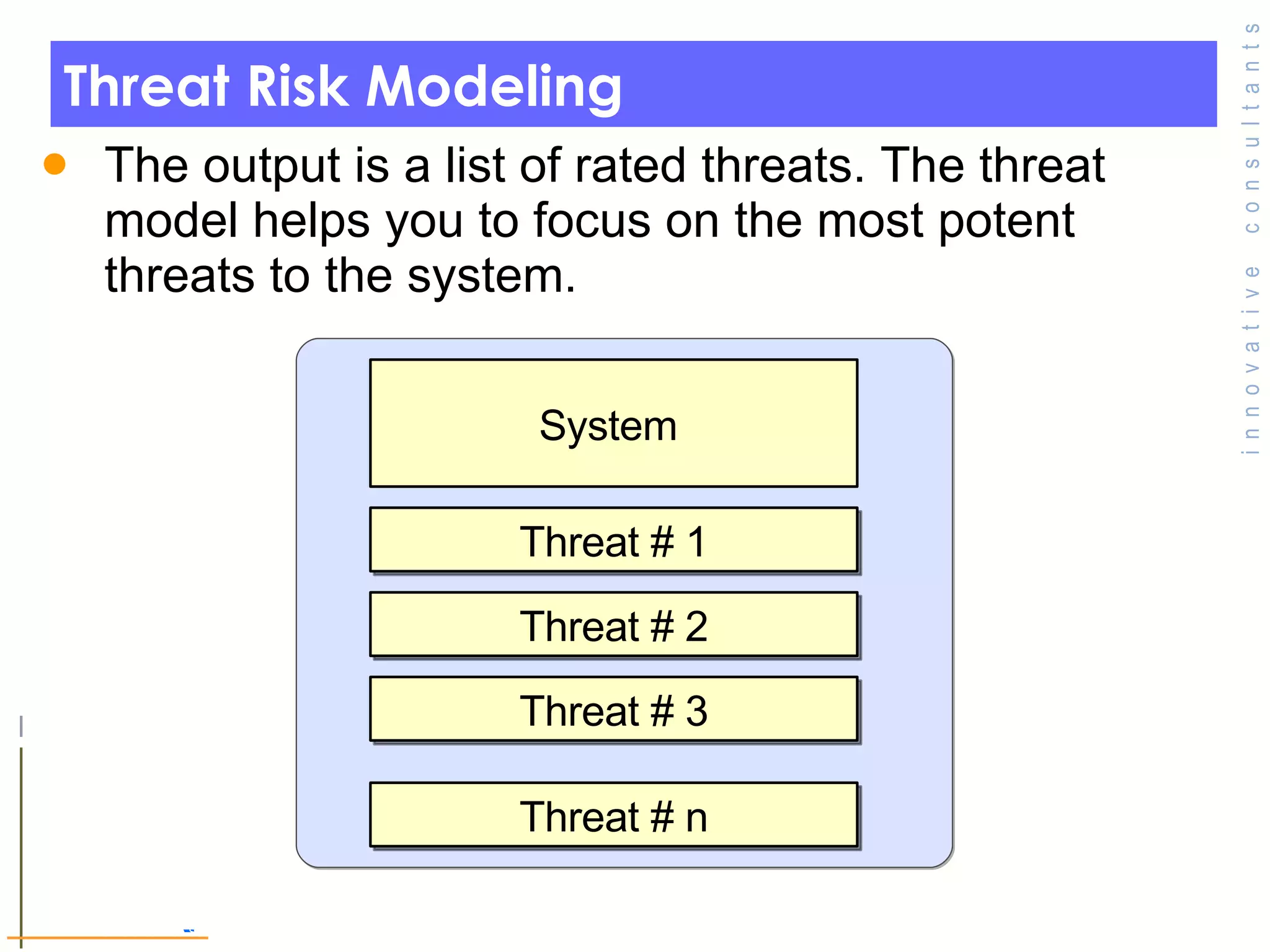 Threat Risk Modeling The output is a list of rated threats. The threat model helps you to focus on the most potent threats to the system. © Toronto Area Security Klatch 200 7 System  Threat # 1 Threat # 2 Threat # 3 Threat # n 