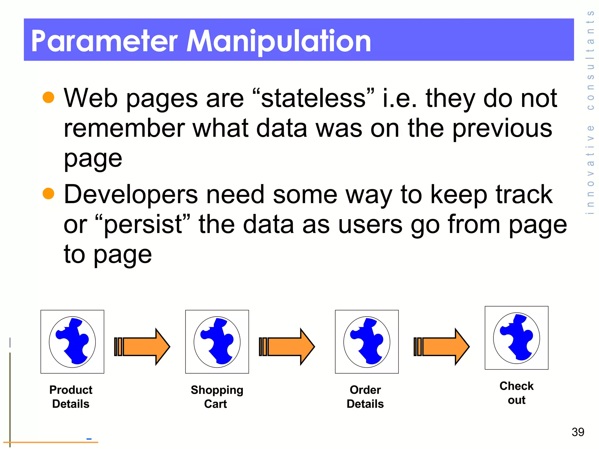 Parameter Manipulation Web pages are “stateless” i.e. they do not remember what data was on the previous page Developers need some way to keep track or “persist” the data as users go from page to page Shopping Cart  Product  Details  Order  Details  Check out 