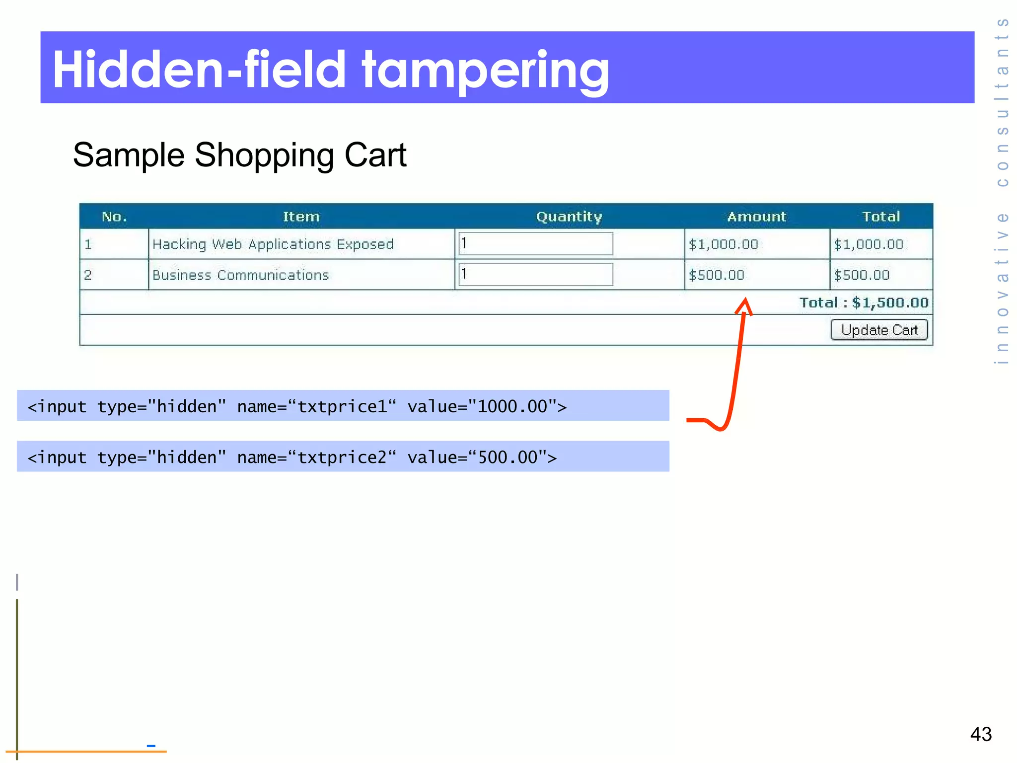Hidden-field tampering <input type=&quot;hidden&quot; name=“txtprice1“ value=&quot;1000.00&quot;> <input type=&quot;hidden&quot; name=“txtprice2“ value=“500.00&quot;> Sample Shopping Cart 