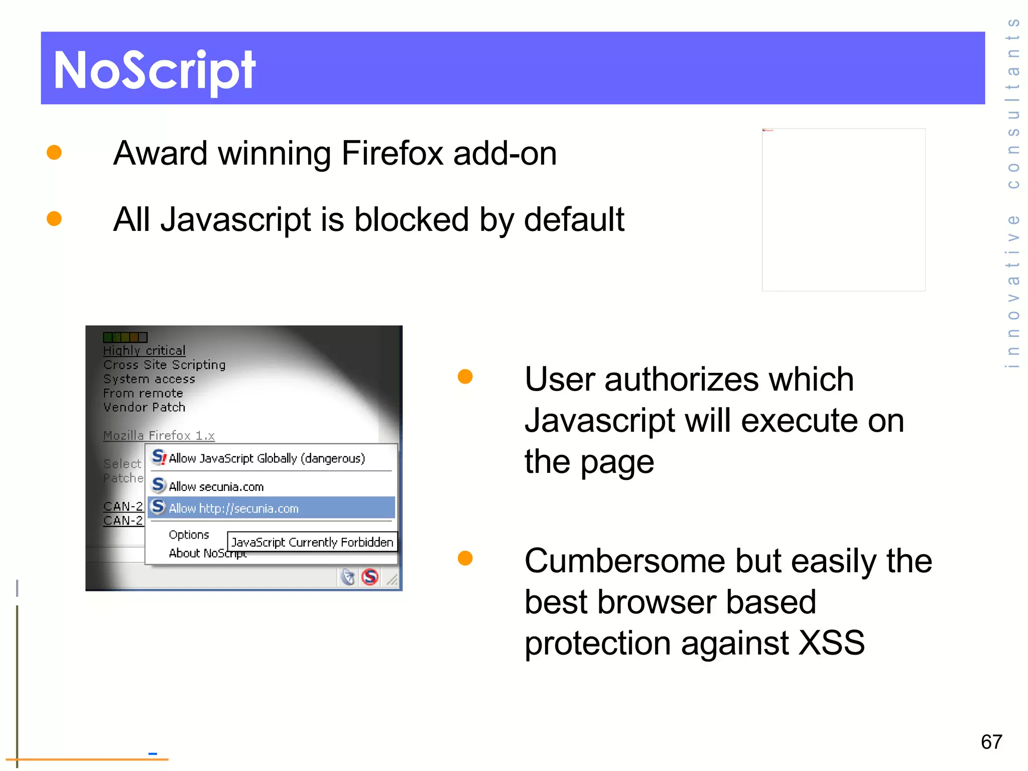 NoScript Award winning Firefox add-on All Javascript is blocked by default User authorizes which Javascript will execute on the page  Cumbersome but easily the best browser based protection against XSS  