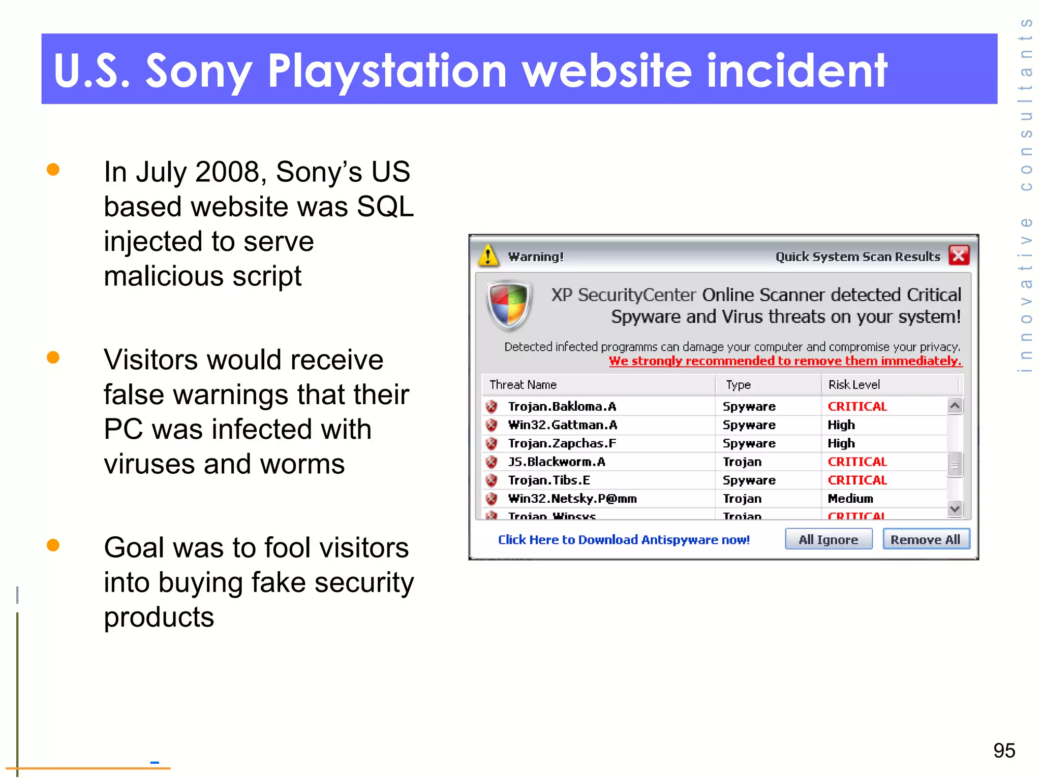 U.S. Sony Playstation website incident  In July 2008, Sony’s US based website was SQL injected to serve malicious script  Visitors would receive false warnings that their PC was infected with viruses and worms Goal was to fool visitors into buying fake security products  