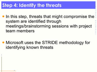Step 4: Identify the threats In this step, threats that might compromise the system are identified through meetings/brainstorming sessions with project team members Microsoft uses the STRIDE methodology for identifying known threats  