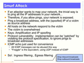 Smurf Attack If an attacker wants to map your network, the trivial way is to ping all the IP addresses in your network... Therefore, if you allow pings, your network is exposed. Ping a broadcast address, with the (spoofed) IP of a victim as source address All hosts on the network respond to the victim The victim is overwhelmed Keys: Amplification and IP spoofing Protocol vulnerability;  implementation can be “patched” by violating the protocol specification, to ignore pings to broadcast addresses ICMP echo just used for convenience All ICMP messages can be abused this way "Fraggle" is the equivalent, using UDP instead of ICMP Sol : Ingress filtering , Egress filtering Drop inbound broadcasts Drop outbound broadcasts 