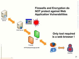 Firewalls and Encryption do NOT protect against Web Application Vulnerabilities  Only tool required is a web browser !   HTTP allowed through port 80 