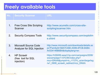 Freely available tools  No. Security Scanner URL 1. Free Cross Site Scripting Scanner http://www.acunetix.com/cross-site-s...