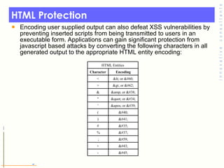HTML Protection <ul><li>Encoding user supplied output can also defeat XSS vulnerabilities by preventing inserted scripts f...