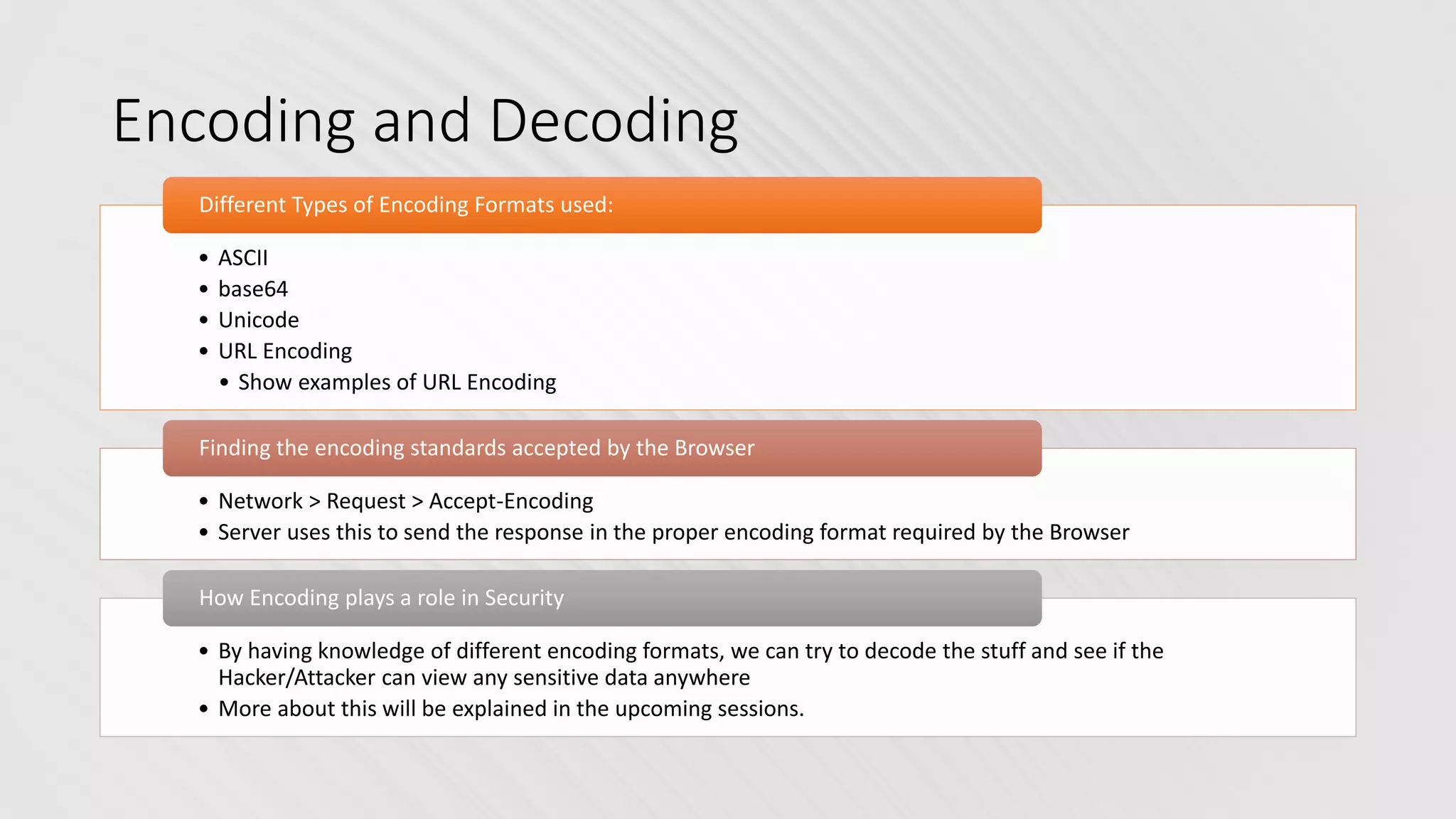 Encoding and Decoding
• ASCII
• base64
• Unicode
• URL Encoding
• Show examples of URL Encoding
Different Types of Encoding Formats used:
• Network > Request > Accept-Encoding
• Server uses this to send the response in the proper encoding format required by the Browser
Finding the encoding standards accepted by the Browser
• By having knowledge of different encoding formats, we can try to decode the stuff and see if the
Hacker/Attacker can view any sensitive data anywhere
• More about this will be explained in the upcoming sessions.
How Encoding plays a role in Security
 